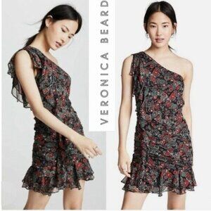 Veronica Beard Ballard One-Shoulder Ruffled Floral Silk Mini Dress Size 2